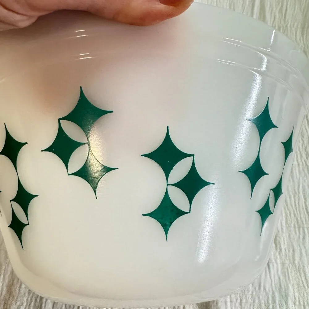 Vintage Federal Glass Mixing Bowl Oven Ware Turquoise Atomic Star MCM 3 QT - Picture 8 of 11